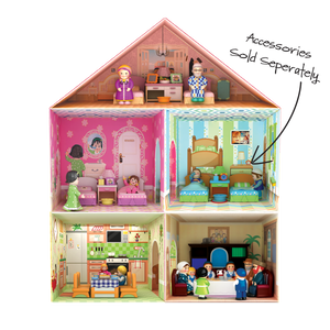 Mitzvah Kinder Dollhouse, 3 stories, 5 rooms, kitchen, Dining Room, Girls Bedroom, Boys Bedroom, Attic, Guest Room with accessories