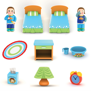 Bedroom set items, beds, negel vaser, rug, tissues, lamp, alarm clock, night chest, yossi and yanky in pajamas