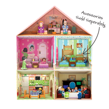 Load image into Gallery viewer, Mitzvah Kinder Dollhouse, 3 stories, 5 rooms, kitchen, Dining Room, Girls Bedroom, Boys Bedroom, Attic, Guest Room with accessories